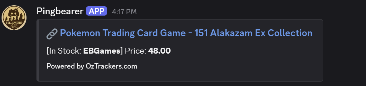 Product stock alert notification for Pokemon Trading Card Game 151 Alakazam Ex Collection